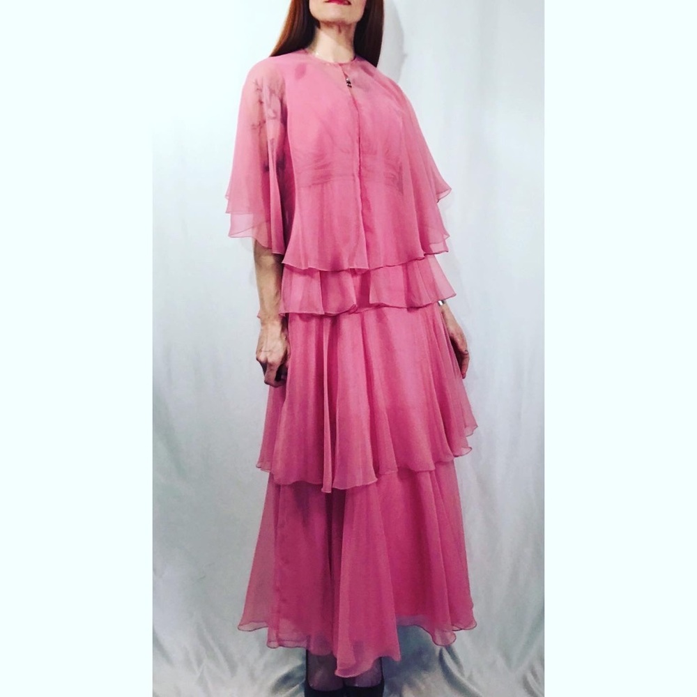 Sold—Vintage Pink Chiffon Empire Waist Maxi Dress with Matching Chiffon Cape - Picture 4 of 17